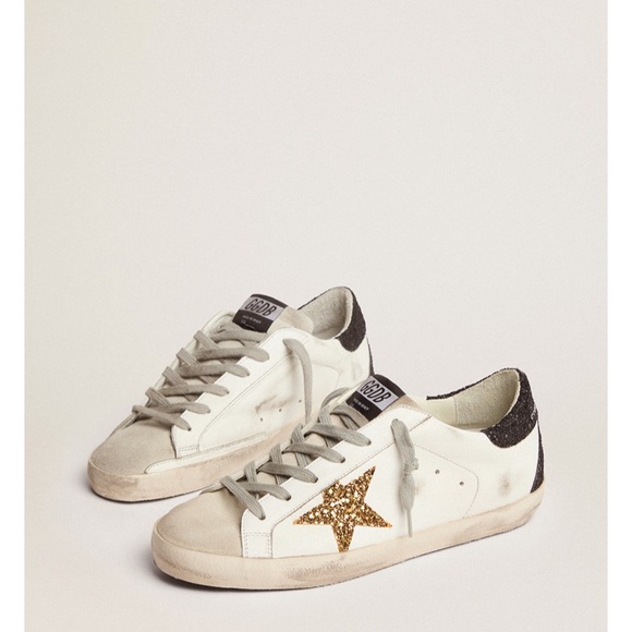 Golden Goose Super Star Black and Gold Glitter Lace Up Sneakers Size 38 - Picture 3 of 12
